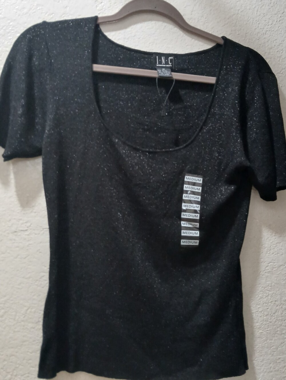 New INC International Concepts size M Black Metallic Scoop Neck Short Sleeve Top